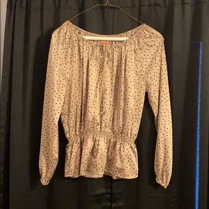 Tan, polka dotted brown, long sleeve shirt